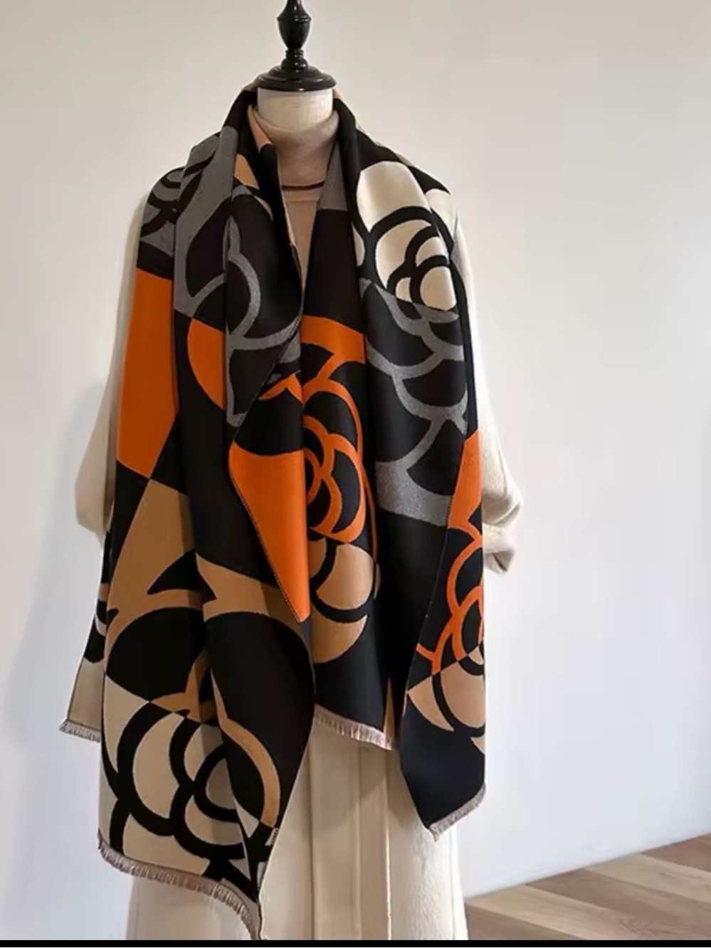 Women's Black & Orange Floral Wrap Scarf